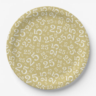 25th Birthday Gold/White Random Number Pattern Paper Plate