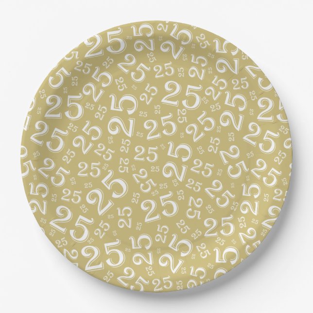 25th Birthday Gold/White Random Number Pattern Paper Plate (Front)