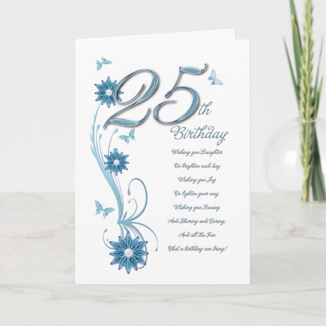 25th birthday in teal with flowers and butterfly card (Front)