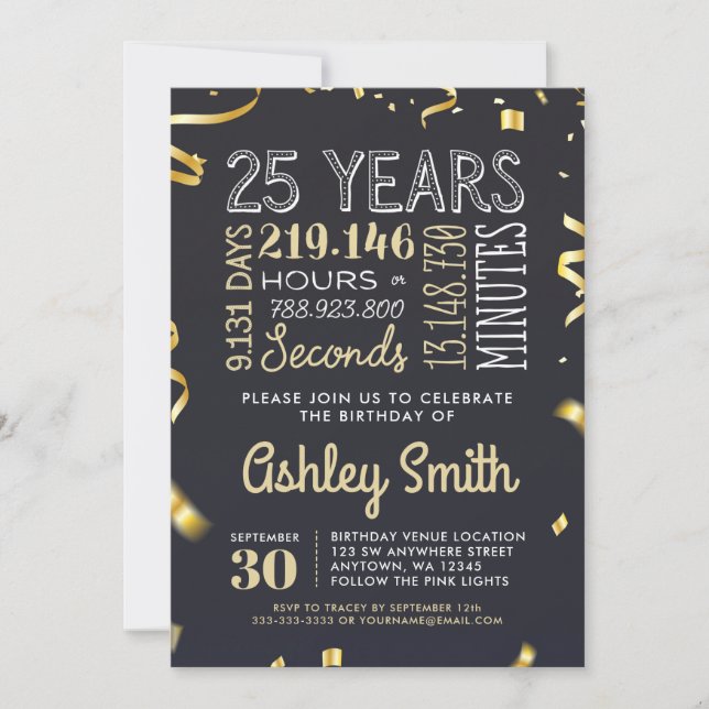 25th Birthday Invitation - 25 Years Hours Seconds (Front)