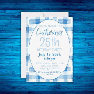 25th Birthday Invitation, Blue Gingham Pattern Invitation
