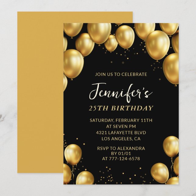 25th birthday invitations Balloons Gold Confetti (Front/Back)