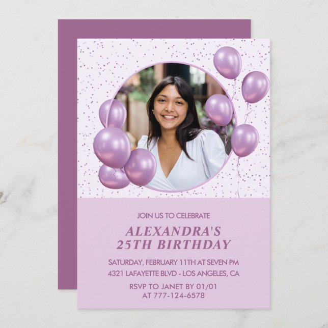 25th birthday invitations Balloons Photo Purple (Front/Back)