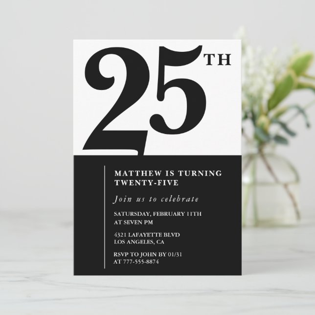 25th birthday invitations Black White Elegant (Standing Front)