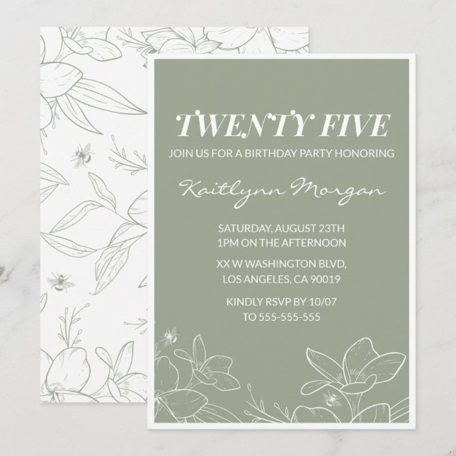 25th birthday invitations Elegant Floral (Front/Back)