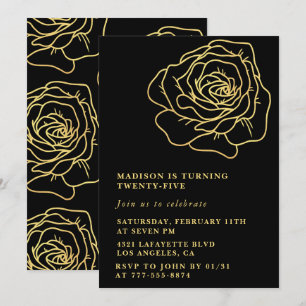 25TH birthday invitations Gold Black Flowers