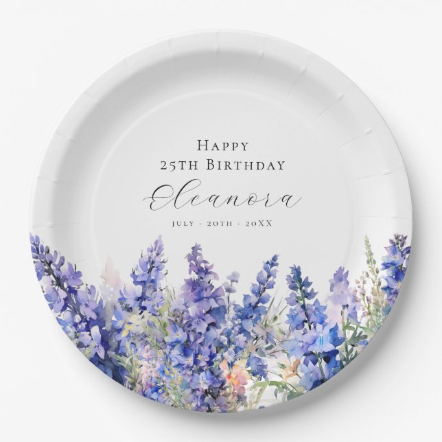 25th Birthday July Birth Flower Larkspur Custom Paper Plate (Front)