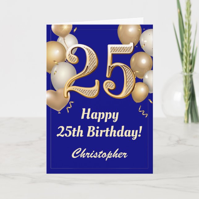25th Birthday Navy Blue and Gold Balloons Confetti Card (Front)