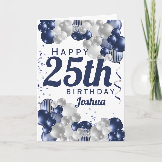 25th Birthday Navy Blue Balloons Card (Front)