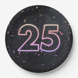 25th Birthday Neon Sign On Black Paper Plate