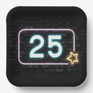 25th Birthday Neon Sign On Brick   Paper Plate