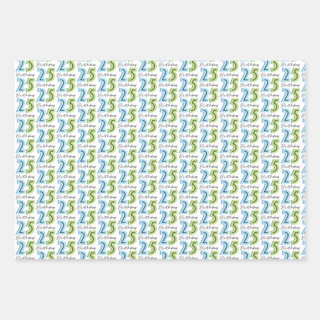 25th Birthday Numbers Green Blue Wrapping Paper Sheet (Front)