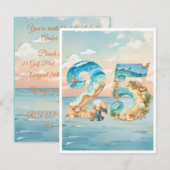 25th Birthday Ocean Theme Digital Download Invite (Front/Back)