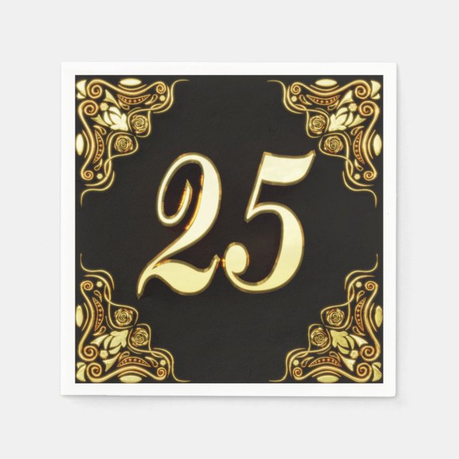 25th Birthday or Anniversary Regal Gold and Black Napkin (Front)