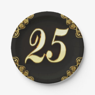 25th Birthday or Anniversary Regal Gold and Black Paper Plate