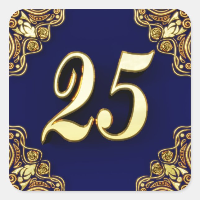 25th Birthday or Anniversary Regal Gold and Blue Square Sticker (Front)