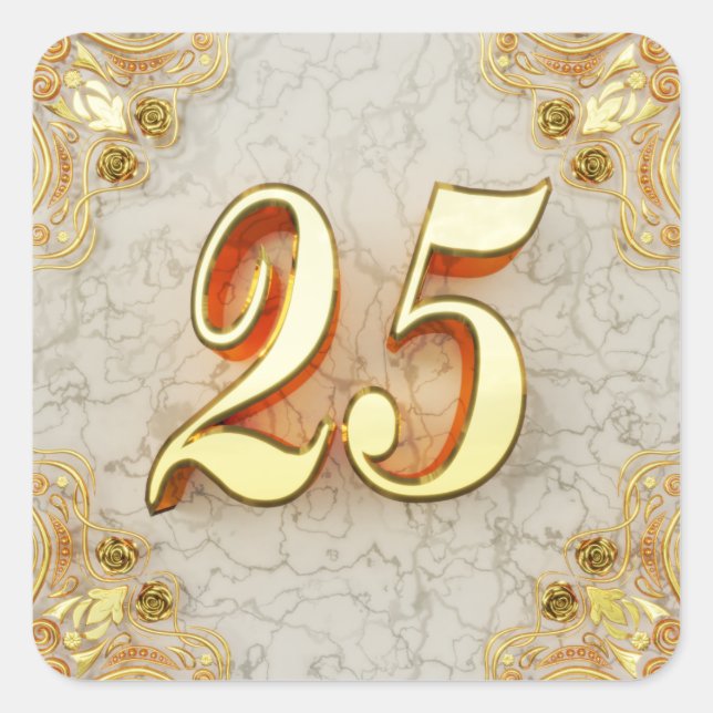 25th Birthday or Anniversary Regal Gold and Marble Square Sticker (Front)
