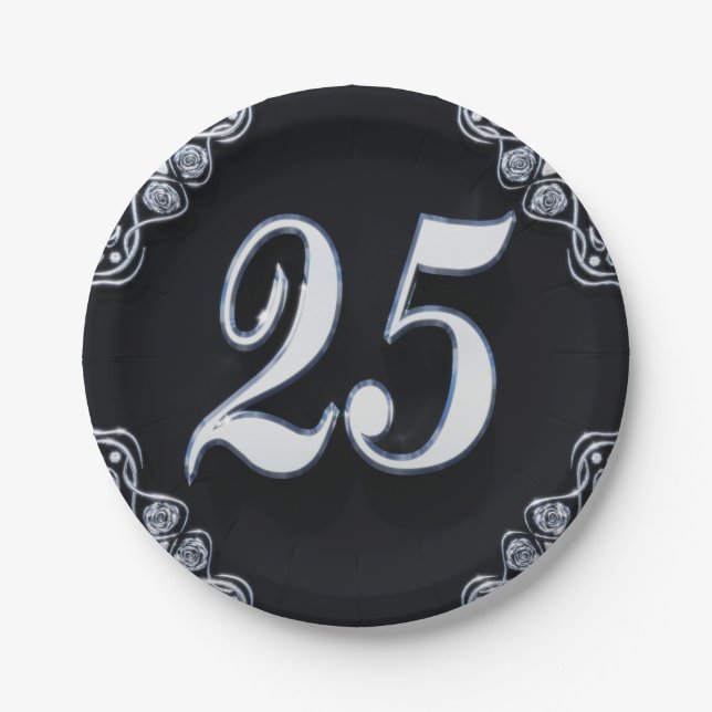 25th Birthday or Anniversary Regal Silver Black Paper Plate (Front)