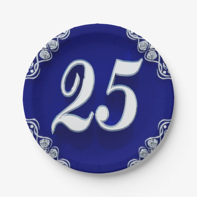 25th Birthday or Anniversary Regal Silver Blue Paper Plate (Front)