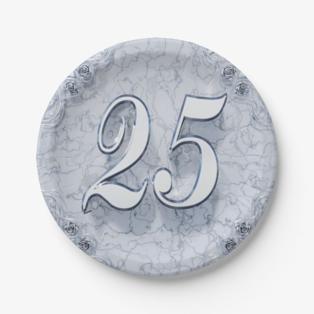 25th Birthday or Anniversary Regal Silver Marble Paper Plate (Front)
