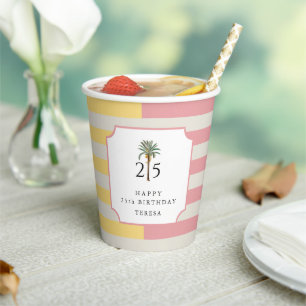 25th Birthday Palm Beach Pastel Stripe Tropical Paper Cups