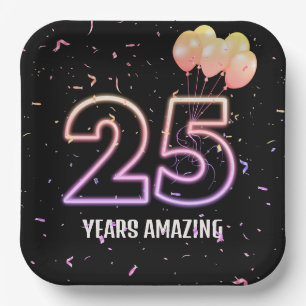 25th Birthday Party Balloons and Confetti Paper Plate