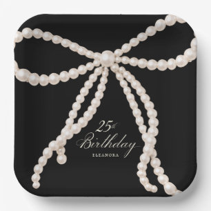 25th Birthday Party Black White Pearl Bow Elegant Paper Plate