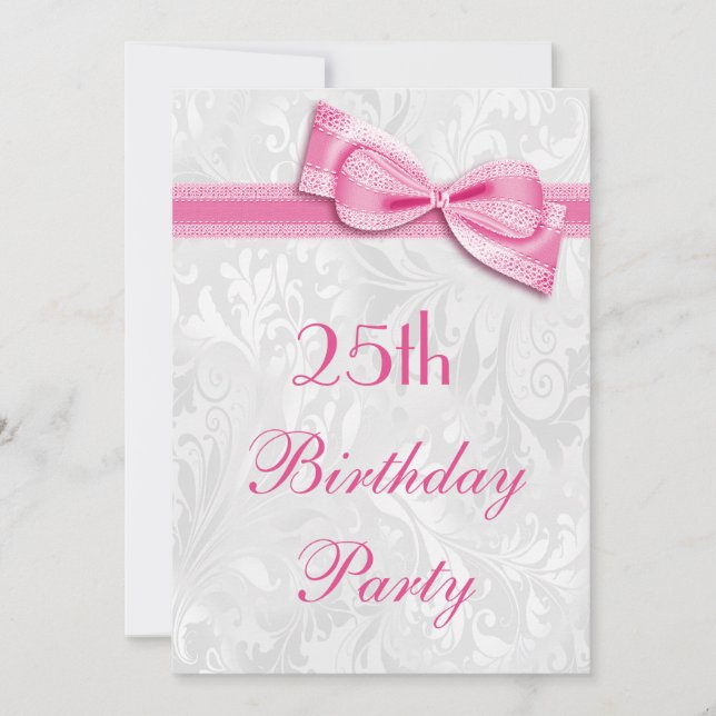 25th Birthday Party Damask and Pink Faux Bow Invitation (Front)