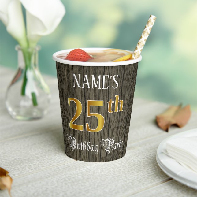 25th Birthday Party — Faux Gold & Faux Wood Looks Paper Cups (Insitu)