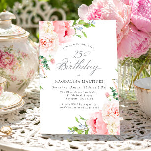 25th Birthday Party Feminine Pink Roses Floral Inv Invitation