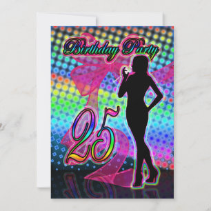 25th Birthday Party Invitation, Neon With Female S Invitation