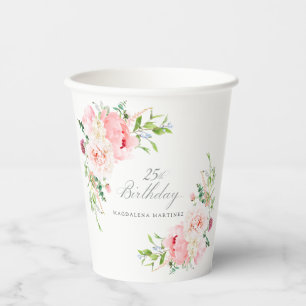 25th Birthday Party Pink Peony Floral Custom Paper Cups