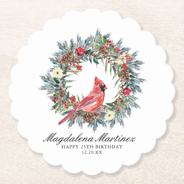 25th Birthday Party Red Cardinal Wreath Custom Paper Coaster (Front)
