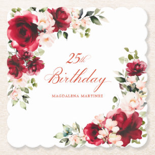 25th Birthday Party Red Pink Floral Custom Paper Coaster