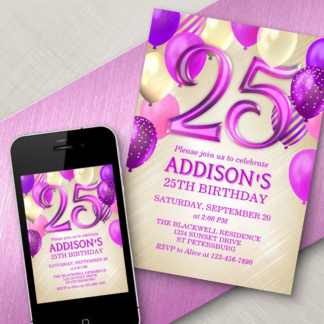 25th Birthday Pink Balloons Invitation (Creator Uploaded)