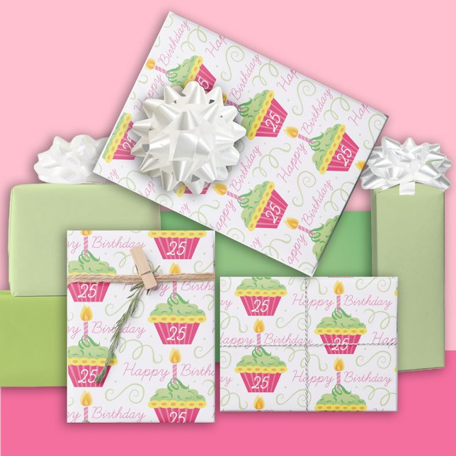 25th Birthday Pink Green Cupcakes Wrapping Paper Sheet (Creator Uploaded)
