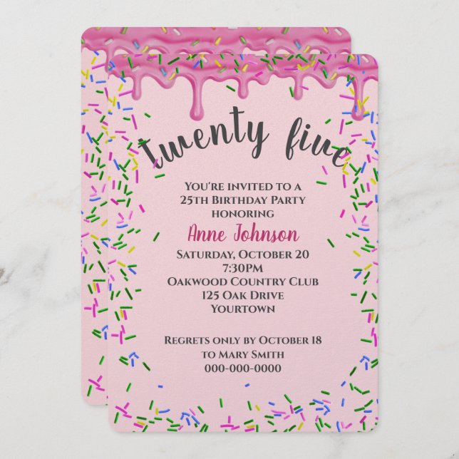 25th Birthday Pink Icing And Sprinkles Invitation (Front/Back)