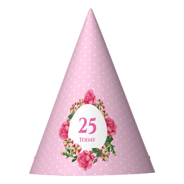 25th Birthday Pink Rose Red White Petunias Polka Party Hat (Front)
