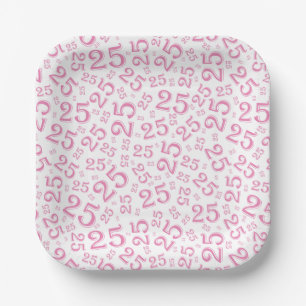 25th Birthday Pink/White Random Number Pattern Paper Plate