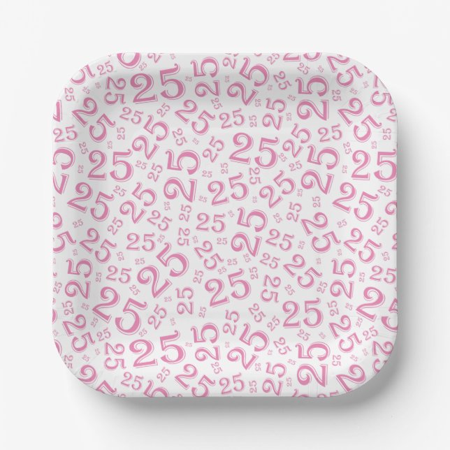 25th Birthday Pink/White Random Number Pattern Paper Plate (Front)