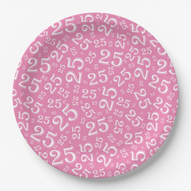 25th Birthday Pink/White Random Number Pattern Paper Plate (Front)