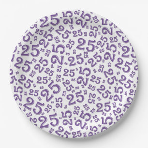 25th Birthday Purple/White Random Number Pattern Paper Plate