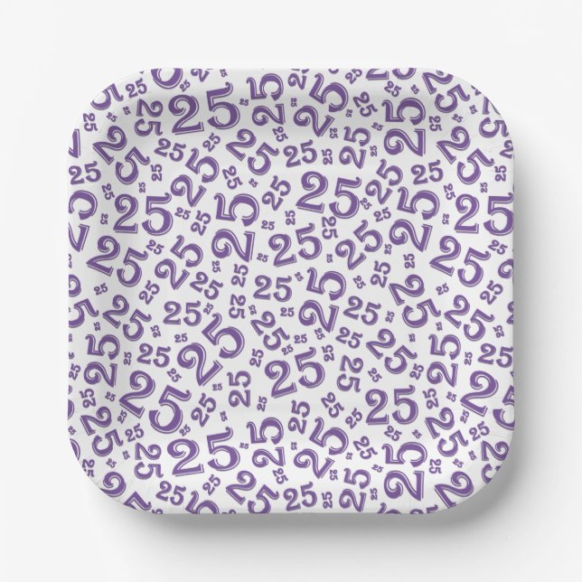 25th Birthday Purple/White Random Number Pattern Paper Plate (Front)