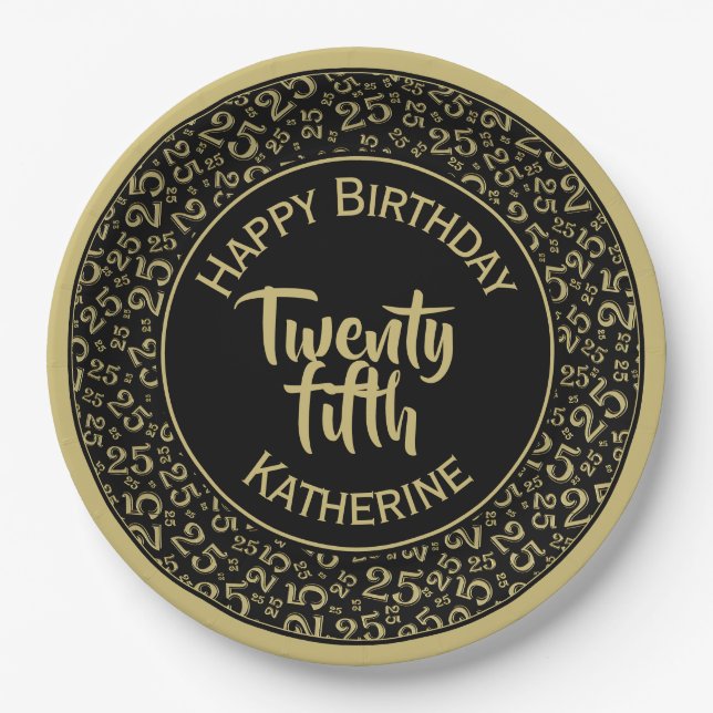 25th Birthday Random Number Pattern 25 Black/Golfd Paper Plate (Front)