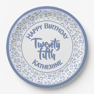 25th Birthday Random Number Pattern 25 Blue/White Paper Plate