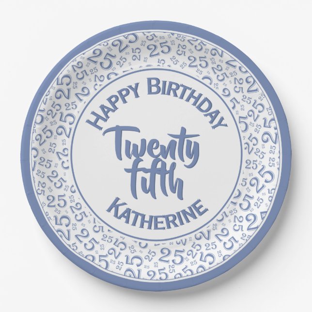 25th Birthday Random Number Pattern 25 Blue/White Paper Plate (Front)