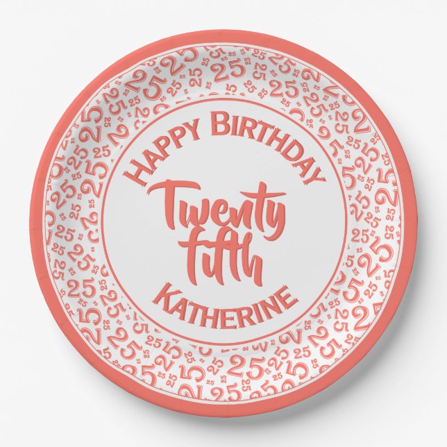 25th Birthday Random Number Pattern 25 Coral/White Paper Plate (Front)