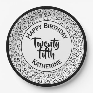 25th Birthday Random Number Pattern Black/White Paper Plate