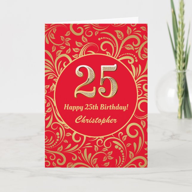 25th Birthday Red and Gold Floral Pattern Card (Front)