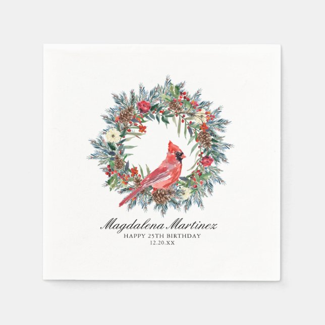 25th Birthday Red Cardinal Wreath Custom Cocktail Napkin (Front)